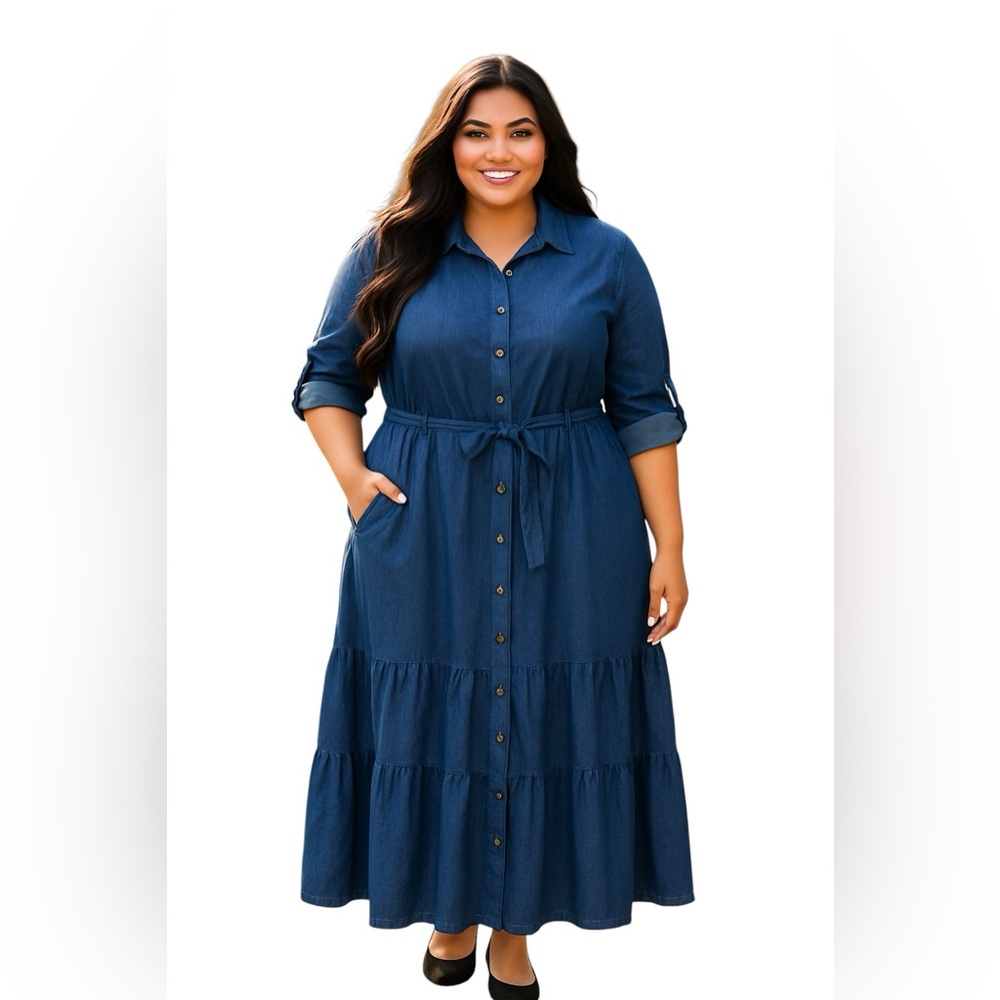 Boutique MPH Cotton Belted Denim Shirt Dress Button Down Casual Plus Size 1X